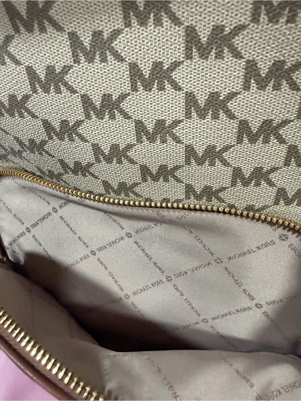 Michael Kors Beige MK Monogram Backpack with Tan Trim